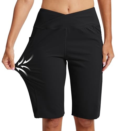 MoFiz Bermuda Shorts Damen Laufshorts Damen Knielang Yoga Shorts Frauen mit Taschen Schwarz L