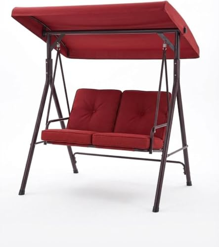Hollywoodschaukel Gartenschaukel 2 Sitzer, Doppelsitzer Hängestuhl Hängesessel mit Sonnendach/Vordach, gepolsterter Sitz und weicher Polsterung, Gestell aus Eisen, Schaukelbank Outdoor Bis 280kg, Rot