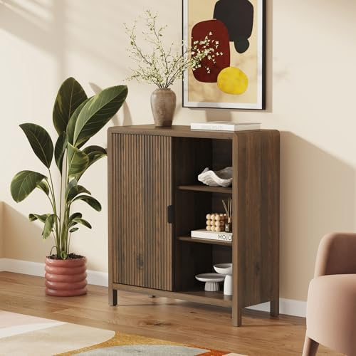 [en.casa] Kommode Lukkodso mit 1 Tür geriffelt Schrank mit 5 Fächern Wohnzimmerschrank Sideboard Aufbewahrungsschrank 82 x 75 x 30 cm Flur Walnussoptik