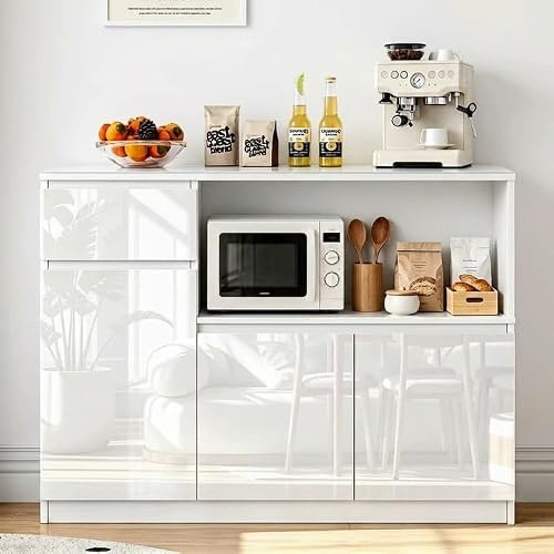 Wumagin Küchenschrank mit Arbeitsplatte, Vielseitiger Großer Stauraum Sideboard, Buffetschrank, Aufbewahrungsschrank mit Hochglanztüren, verstellbarem Fach für Küche, Esszimmer und Wohnzimmer