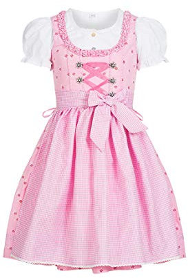 Nübler Dirndl Mädchen Linda - 3-teiliges Set inkl. Bluse & Schürze - Rosa, Original bayerische Tracht - Hochwertige, Pflegeleichte Qualität - Kinderdirndl für Oktoberfest, Größe:98