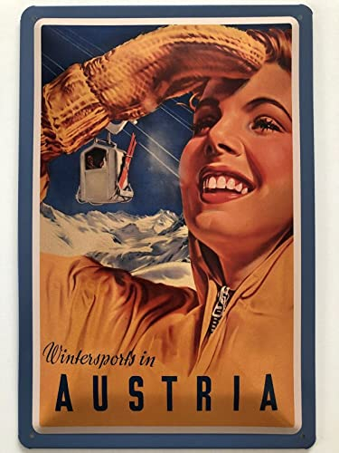 Blechschild 20x30cm gewölbt Wintersport in Austria Ski Urlaub Deko Geschenk Schild
