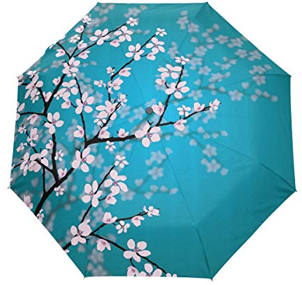 MONTOJ Japanische Sakura-Blumen, Kirschblüte, dreifach gefalteter Reise-Regenschirm, UV-Schutz, mit automatischem Öffnen-Knopf