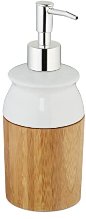 Relaxdays 2 x Seifenspender, nachfüllbar, Lotionsspender mit Pumpkopf, Bambus & Keramik, Bad, Pumpspender, 225 ml, Natur/weiß