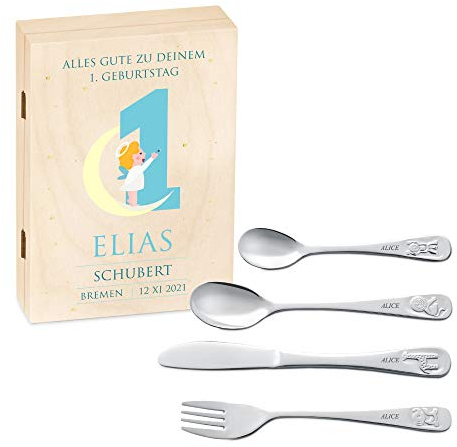 Maverton Kinderbesteck Set mit Gravur + Holzbox mit Aufdruck - aus Edelstahl - mit Tieraufdruck - 4-teilig - personalisierbar - Weihnachtsgeschenke - Braun - Geschenk Geburtstag, Taufe, Geburt - Mond