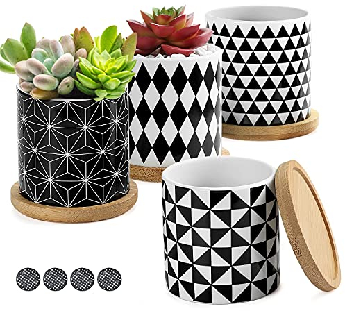 Coolty 4pcs Vaso per Piante Grasse in Ceramica, Geometria Mini Vasi di Cactus con Vassoio in bambù per la Casa e L'Ufficio Perfetto Idea Regalo
