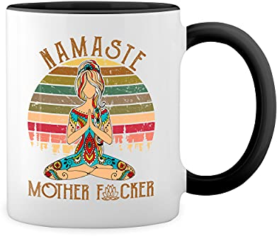 Namaste Yoga Motherfuck**s Weiße Tasse Mug mit schwarzen Felgen & Griff