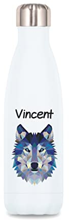 C51 Bouteille isotherme Loup Polygones personnalisée avec le prénom de votre choix