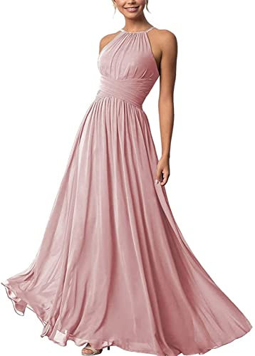 Robe de demoiselle d'honneur plissée en mousseline de soie longue dos nu épaules dénudées, vieux rose, 34