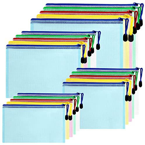 Vegena Dokumententasche A3+A4+A5+A6, 20 Stücke (Je 5) Zip Tasche, Datei Taschen mit Reißverschluss, Mesh Kunststoff Reißverschlusstasche für Dokumente, Papier, Kosmetika und Farbe Taschen, 5 Farben