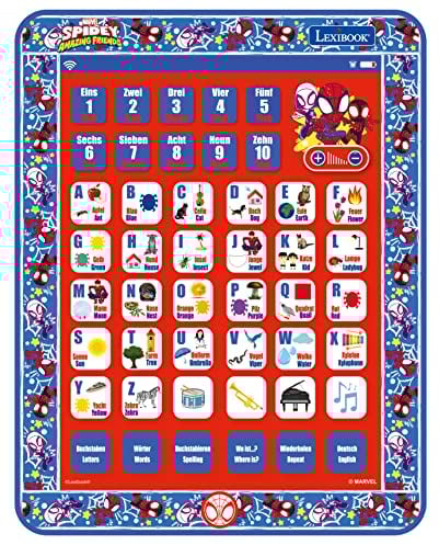 Lexibook JCPAD002SPi3 Spidey and His Amazing Friends Spider-Man Tablette bilingue pour apprendre les lettres de l'alphabet, les chiffres, les mots, l'orthographe et la musique, anglais/allemand, bleu,