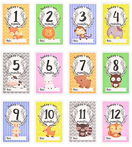 URROMA Baby Monatliche Meilensteinkarten, 1-12 Monate Tierdrucke Karten Baby Geburt Ankündigung Schild für Babyparty Monat Marker Baby Foto Requisiten