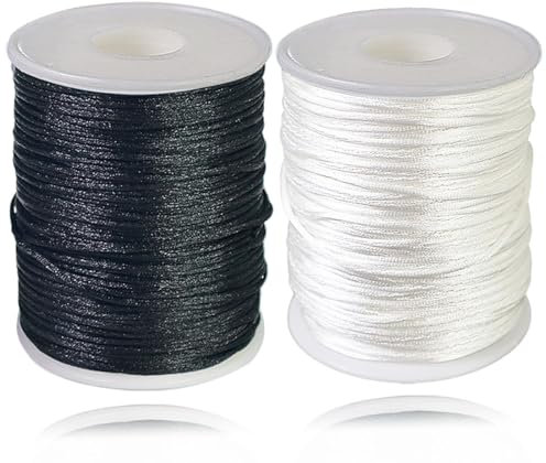 Ewparts 1.5mm Cuerda de Nailon para Hacer Pulseras, 2 Rollos de 200M, cordón de Nailon Blanco y Negro para Pulseras de la Amistad, Nudos Chinos, Cuentas, macramé, Manualidades