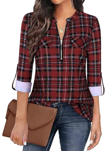 Gemulate Womens Tunic Tops Checked Shirts Zip Up Plaid Blouse 3/4 Sleeve Tops UK Red 3-XL