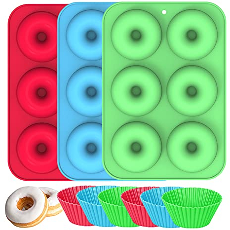 Silikon Donuts Backform, 3 Stück Silikon Donut Formen 6 Mulden mit 6 Muffinform Antihaftbeschichtung zum Backen von Donut Kuchen, Muffins und Bagels
