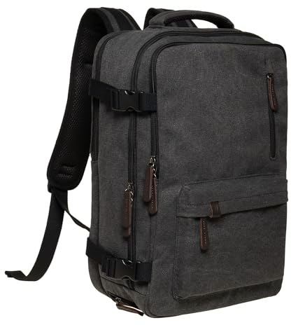 KAUKKO Canvas 40L Reiserucksack, Freundlich Handgepäck Rucksack Travel Backpack für 15,6 Zoll Laptop, Flug Genehmigt Bordgepäck Wasserabweisend Kabinenrucksack für Weekender Trip, FH11-Schwarz