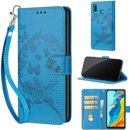 Phone Case for Huawei P30 Lite/Nova 4e, Premium Leather Shockproof Protective Wallte Cover with Magnetic Closure Case compatible Huawei P30 Lite/Nova 4e Flower-Blue