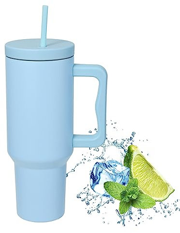 40oz Mug Isotherme avec Poignée, Tasse Isolée de Voyage à Café En Acier Inoxydable, Double Isolée Sous Vide avec Couvercle Et Pailles, Bouteille d'Eau Thermos Pour Café Chaud Et Froid (B-bleu)