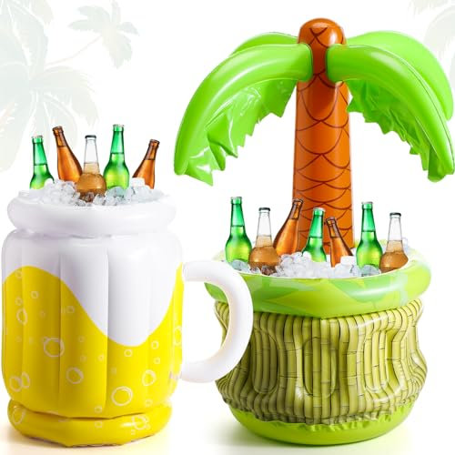 HyDren 2 Pcs 26.8 Inflatable Palm Tree Cooler with 17.7 Inflatable Beer Cooler, Beach Party Supplies Inflatable Cooler for Luau Hawaiian Tropical BBQ Party