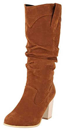 Stivali da donna alla moda, tinta unita, tacco alto grosso, rughe, lunghi al ginocchio, stivali alti al ginocchio con plateau per le donne al polpaccio largo, Marrone, 39.5 EU