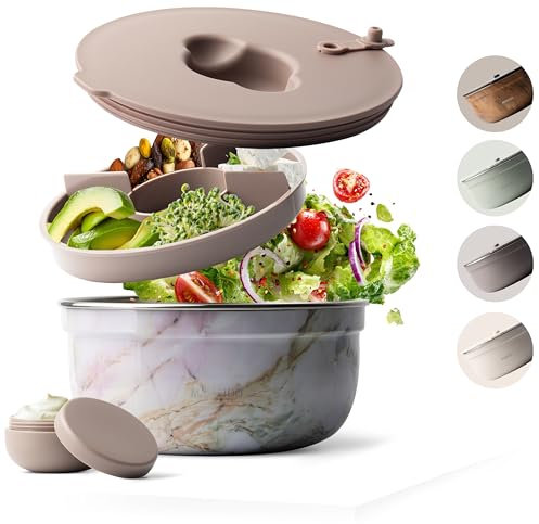 MAMEIDO Boîte à Salade à emporter 1,5l - Lunch Box en acier, Bento Box, Saladier sans BPA, Bol avec récipient à vinaigrette étanche, Boîte à repas avec compartiments, Meal Prep (Pearl Marble, 1500ml)