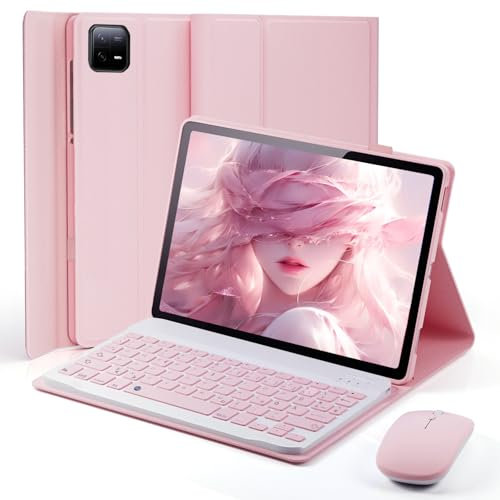 für Xiaomi Pad 6 Generation 11 Zoll (2023)/Xiaomi Pad 6 Pro 11 Zoll (2023) Hülle mit kabellose Bluetooth Deutsche Tastatur (QWERTZ) und Maus, Schutzhülle mit Stifthalter Keyboard case Rosa