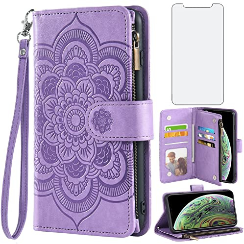 Asuwish Phone Case for iPhone Xs Max Wallet Cover with Tempered Glass Screen Protector and Flower Flip Card Holder Cell Accessories i X XR Xsmax 10x SX Xmax 10xs 10s 10 Plus Xmaxs Women Men Purple