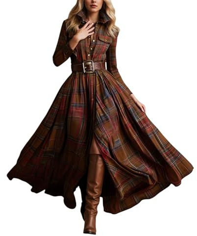WAZHAKU Vestidos de mujer vintage estilo rústico, vestido largo bohemio, vestido largo a cuadros, vestido de manga larga, vestido de camisa con botones, falda envolvente, falda de invierno, vestido