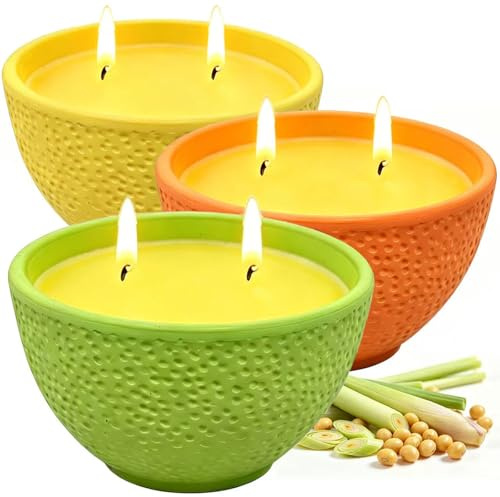 Citronella Candles Outdoor - 3x4.23oz Large Citronella Candles with 2 Wick | Soy Wax Citronella Candles, Lemongrass Scent Candle Set for Garden Outdoor Indoor Camping Patio Party, 105 Hours Burn Time