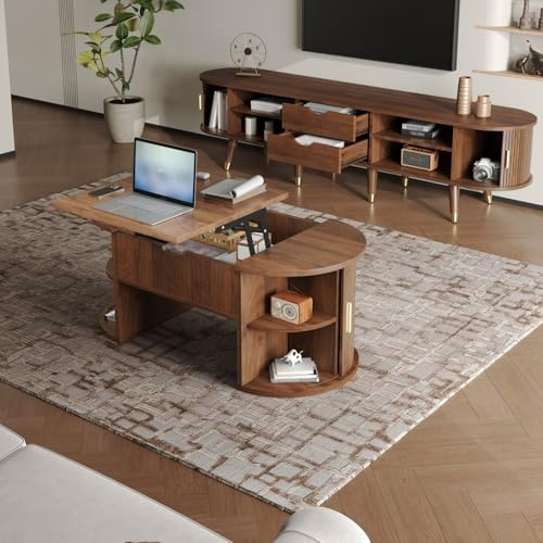 KOMHTOM Ensemble Meuble TV et Table Basse Relevable 2 Pièces Salon Design Mid-Century Portes Coulissantes Rainures Verticales Pieds Bois Massif Noyer (Noyer Profond - Rainures Verticales (2 Pièces))