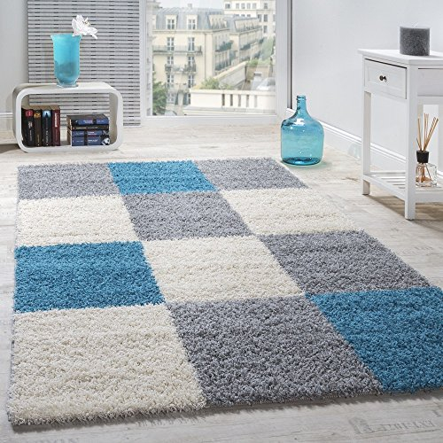 Paco Home Shaggy Hochflor Teppich Wohnzimmer Kariertes Design Türkis Grau Weiß, Grösse:160x220 cm