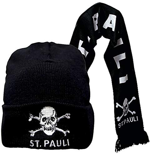 FC St. Pauli 2-teiliges Kombi-Set Mütze & Schal Totenkopf klassisches Motiv - schwarz weiß