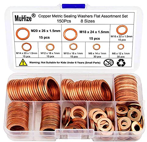 Muhize 150PCS 8 Sizes Copper Metric Sealing Washers Flat Washers Assortment Kit (M6 M8 M10 M12 M14 M16 M18 M20)