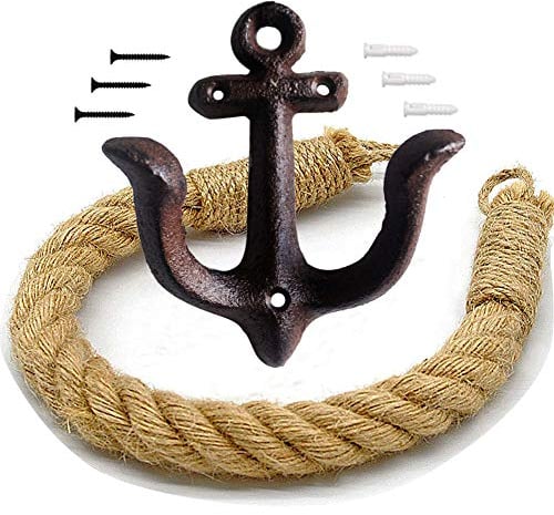 Toilettenpapierhalter mit nautischem Seil, antiker Badezimmer-Handtuchhalter, Raffhalter, Vorhanghalter, Wandmontage, Metallanker-Haken, Design für Strand-Thema, Badezimmer-Dekor