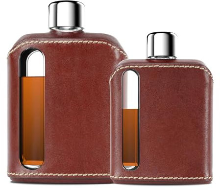Ragproper Moderner Flachmann aus Glas – robuster Flachmann mit Lederbezug für Whiskey, Spirituosen und andere Liköre – ideale Glasflasche für Männer und Frauen (Einzelschuss 100 ml + Doppelschuss 240
