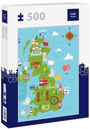 Lais Jigsaw Puzzle United Kingdom of Great Britain and Northern Ireland Map Travel City Tourism Transport on Blue Ocean Europe Cartography and National Landmarks 500 Pieces