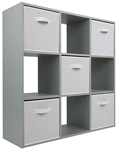 Charles Jacobs Grey 9 Cube Storage Shelving Unit + 5 White Fabric Drawers