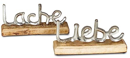 levandeo 2er Set Schriftzug Liebe Lache L23cm Metall Silber Mango Holz Aufsteller Deko Tischdeko Wohndekoration