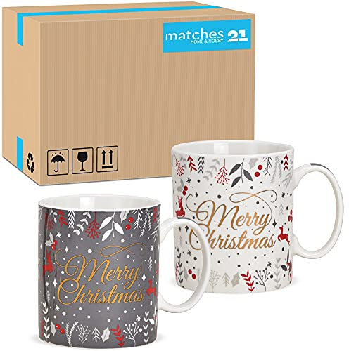 Jumbotassen 36er Set Merry Xmas in weiß grau - Amerikanische Porzellan Kaffeebecher als Weihnachtstassen in 400ml - Große Kaffeetassen für Weihnachten spülmaschinenfest mikrowellengeeignet