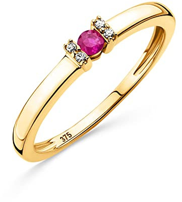 OROVI Schmuck Damen 0.02 Ct Diamant Verlobungsring Gelbgold mit Edelstein/Geburtsstein natürlicher runder roter Rubin und 4 Diamanten Brillanten Ring aus 9 Karat (375) Gold