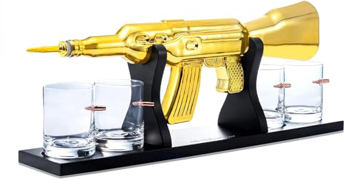 The Wine Savant AK Gold Whiskey Decanter Set With 4 Bullet Whiskey Glasses - , Gift For Fathers, Uncles, Sons - Veteran Gifts, Military Gift, Home Bar Gift, Father's Day