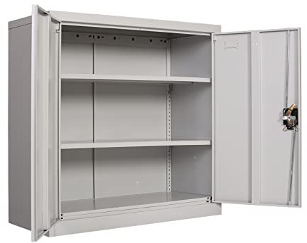 Frideko Metal Storage Cabinet with 2 Door and 2 Adjustable Shelves, 90CM Tall Storage Cupboard with Lock for Home, Office, Warehouse, 40D x 90W x 90H(Light Grey)