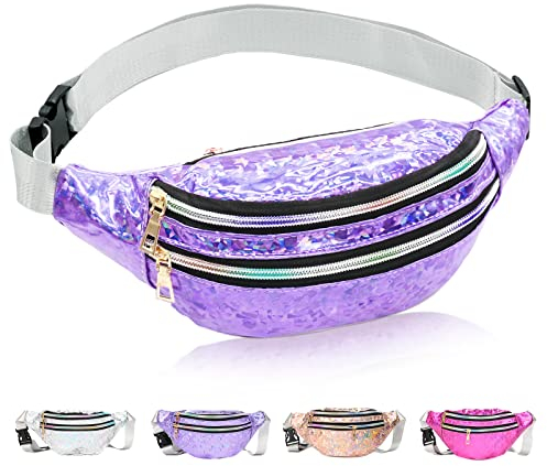 Bauchtasche Damen Metallic, wasserdichte Bauchtasche Mode mit Reflektierender Verstellbarer, Hüfttasche Mädchen für Frauen und Männer Party Festival Sport Outdoor Reisen Violett