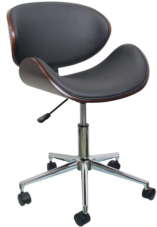 Fohfurniture Holz Bürostuhl, Breiter PU Leder Chefsessel, Frisiertischstuhl Moderner Computer Schreibtischstuhl aus Nussbaumholz, 360° drehbar, höhenverstellbar mit Home Office (Wing, Schwarz)