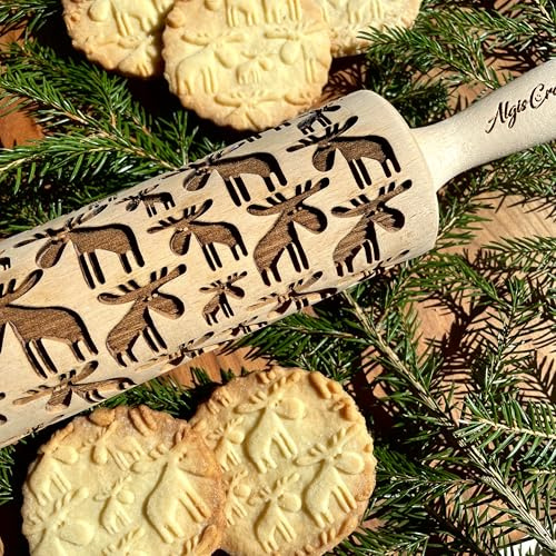 Nudelholz mit Muster Weihnachten Backen - Teigroller Holz für DIY Weihnachten Plätzchen - Graviert Plätzchenrolle mit Motiv - 3D Plätzchen Roller ELCH von Algis Crafts