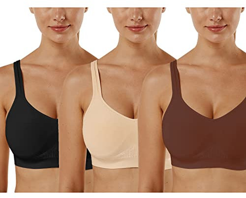 Vertvie Damen 1/2/3er Set Sport BH Einfarbig Ohne Bügel Bustier Klassische Bequem Stretch Bra Mittle Halt Gepolstert Wohlfühl-BH (Schwarz+Beige+Braun, XXL)