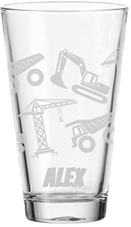 LUXENTU Kinderbecher Trinkglas mit Gravur, 300 ml, Wasserglas Kinderglas mit Baustellen-Motiv & personalisierter Namensgravur für Kinder, Spülmaschinengeeignet