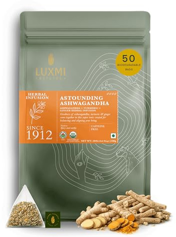 Luxmi Estates Ashwagandha Turmeric | Organic Adaptogen Tea | 50 Biodegradable Tea Bags | 100g/3.52oz