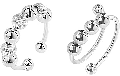 2pcs Silber Angst Ring Swivel Ring mit Perlen Strap Ring Damen Angst Ring Damen Swivel Ring verstellbar