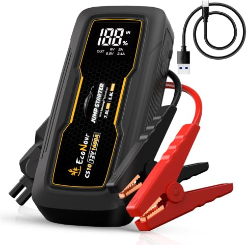 EcoNour Car Battery Jump Starter | 1600A Peak | 12V Portable Car Booster with LED Light & Charger Cable | Power unit Starter Ideal Up to 7L Gas/5L Diesel Engines